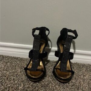 BCBGeneration Black T-Strap Crystal Embellished Heels